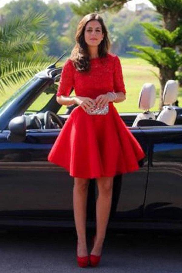 Elegant Bateau A-line Half Sleeves Short Red Lace Homecoming Dress TR0044 - Tirdress