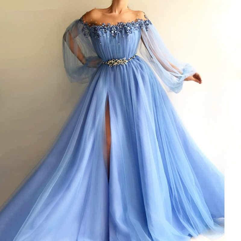 Elegant Blue Long Sleeves Off the Shoulder Beaded Crystal Side Slit Prom Dresses TN167 - Tirdress
