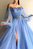Elegant Blue Long Sleeves Off the Shoulder Beaded Side Slit Prom Dresses TN167