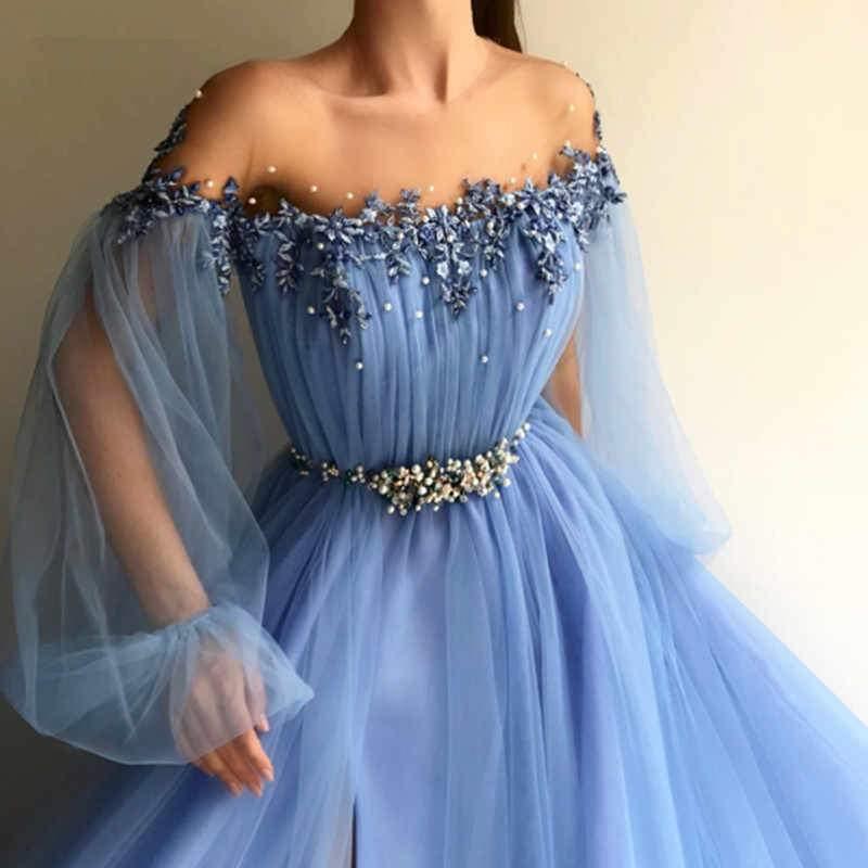 Elegant Blue Long Sleeves Off the Shoulder Beaded Crystal Side Slit Prom Dresses TN167 - Tirdress