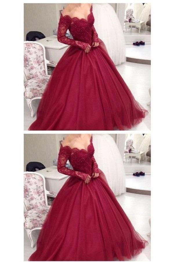 Elegant Burgundy Off the Shoulder Prom Dress,Lace Formal Dress TP0175 - Tirdress