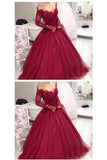 Elegant Burgundy Off the Shoulder Prom Dress,Lace Formal Dress TP0175