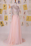 Elegant Cowl Sweep Train Chiffon Blush Long Prom Dress With Long Sleeves TP0029 - Tirdress