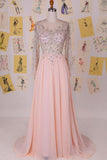 Elegant Cowl Sweep Train Chiffon Blush Long Prom Dress With Long Sleeves TP0029 - Tirdress