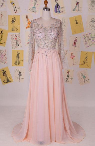 Elegant Cowl Sweep Train Chiffon Blush Long Prom Dress With Long Sleeves TP0029 - Tirdress