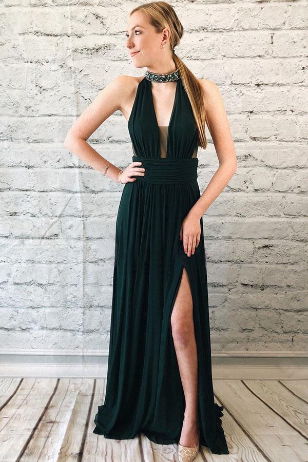 Elegant Dark Green Chiffon Split Long Prom Dress With Beads TP0868 - Tirdress