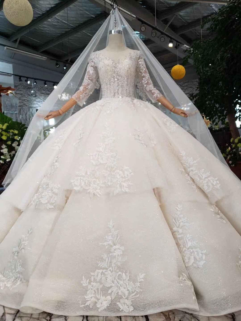 Elegant Half Sleeves Ball Gown Lace Layer Wedding Dress TN174 - Tirdress