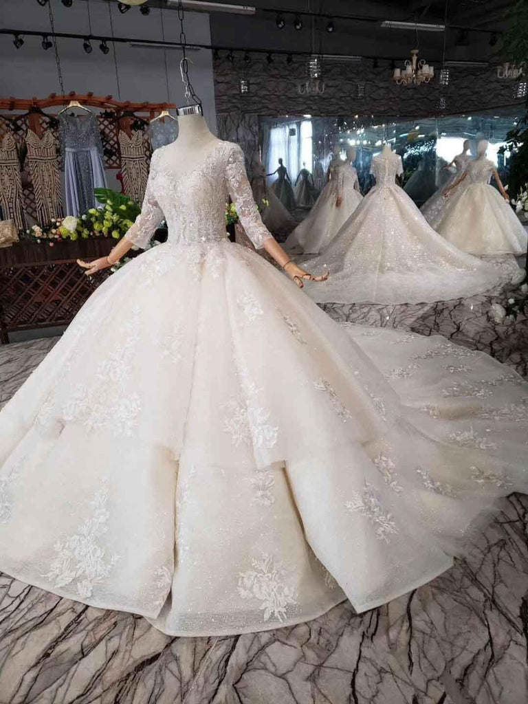 Elegant Half Sleeves Ball Gown Lace Layer Wedding Dress TN174 - Tirdress