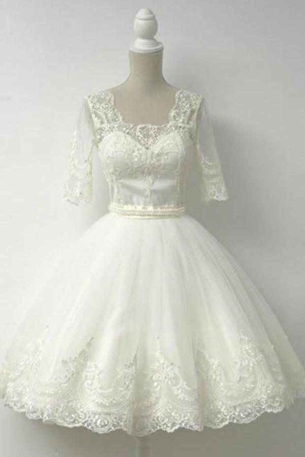 Elegant Half Sleeves White Ball Gown Homecoming Dress With Lace TR0096 - Tirdress