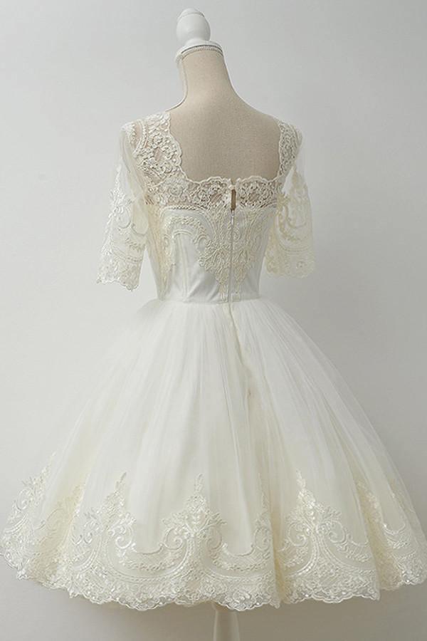 Elegant Half Sleeves White Ball Gown Homecoming Dress With Lace TR0096 - Tirdress