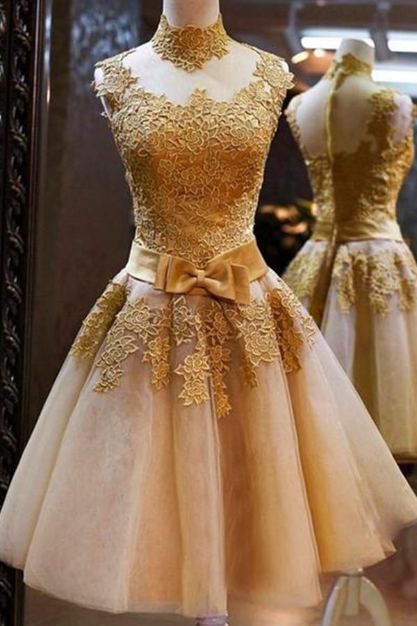 High Neck Gold Tulle Knee-Length Homecoming Dress With Appliques US8 / As Picture High Neck Gold Tulle Knee-Length Homecoming Dress With Appliques US8 / As Picture