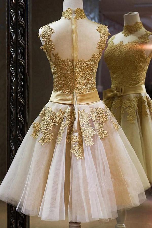 High Neck Gold Tulle Knee-Length Homecoming Dress With Appliques – Tirdress