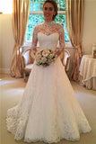 Elegant Lace A-line Long Sleeve High Neck Wedding Dresses WD032 - Tirdress