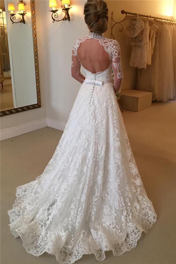 Elegant Lace A-line Long Sleeve High Neck Wedding Dresses WD032 - Tirdress
