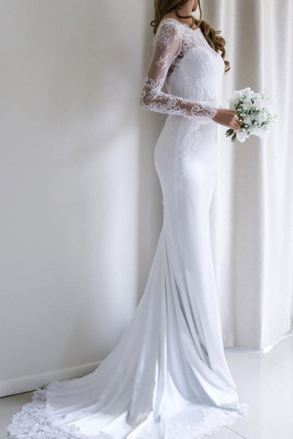 Elegant Lace Long Sleeves Mermaid White Long Wedding Dress with Train WD110 - Tirdress