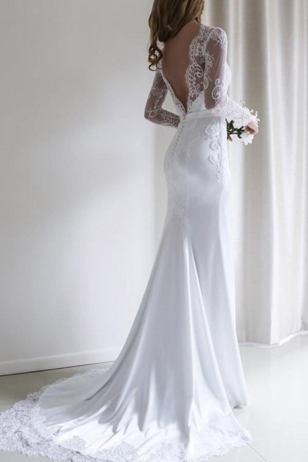 Elegant Lace Long Sleeves Mermaid White Long Wedding Dress with Train US0 / Custom Color Elegant Lace Long Sleeves Mermaid White Long Wedding Dress with Train US0 / Custom Color