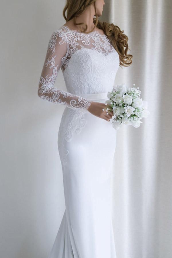 Elegant Lace Long Sleeves Mermaid White Long Wedding Dress with Train Tirdress Elegant Lace Long Sleeves Mermaid White Long Wedding Dress with Train Tirdress