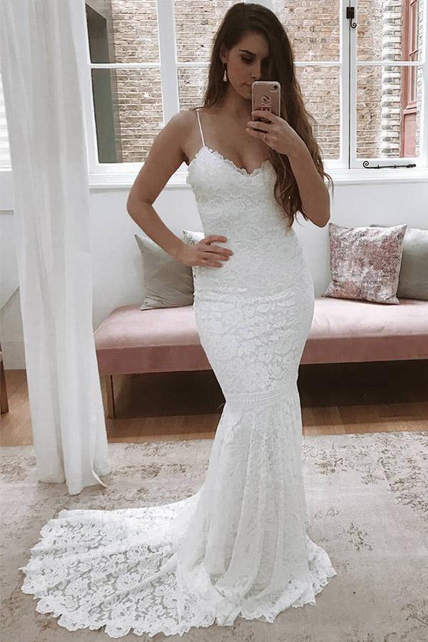 Elegant All Over Lace Mermaid Wedding Dresses Straps Bridal Gown TN260 - Tirdress