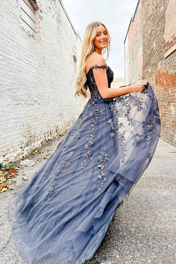 Elegant A Line Sweetheart Neck Tulle Lace Off Shoulder Long Prom