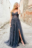 Elegant A Line Sweetheart Neck Tulle Lace Off Shoulder Long Prom Dress TP1039
