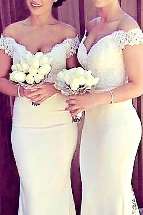 Elegant Mermaid Off-shoulder Long Lace Ivory Bridesmaid Dress TY0011 - Tirdress
