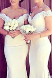 Elegantes, schulterfreies, schulterfreies Brautjungfernkleid aus elfenbeinfarbener Spitze mit langer Spitze TY0011