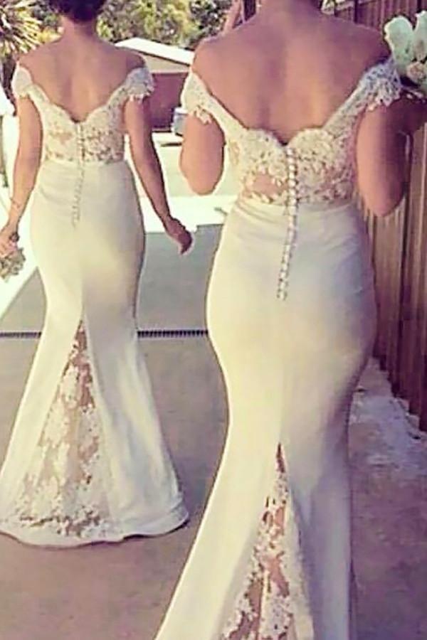 Elegant Mermaid Off-shoulder Long Lace Ivory Bridesmaid Dress TY0011 - Tirdress