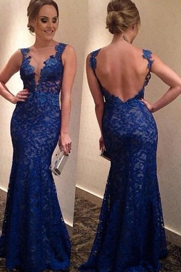Elegant Mermaid Royal Blue Prom Dress Evening Gowns With Lace Appliques PG311 - Tirdress