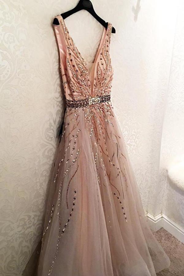 Elegant V Neck Open Back Long Prom Dress Tulle Party Dress with Beading TP0168 - Tirdress