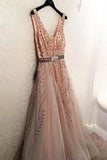Elegant V Neck Open Back Long Prom Dress Tulle Party Dress with Beading TP0168