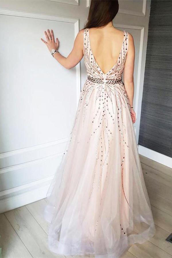 Elegant V Neck Open Back Long Prom Dress Tulle Party Dress with Beading TP0168 - Tirdress