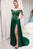 Elegantes, schulterfreies, langes Abendkleid in Smaragdgrün mit Schlitz TP0919