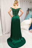 Elegant Off the Shoulder Emerald Green Long Prom Dress with Slit TP0919 - Tirdress