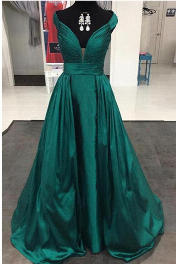 Elegant Off The Shoulder Sweep Train Hunter Prom Dress With Pleats TP0030 - Tirdress