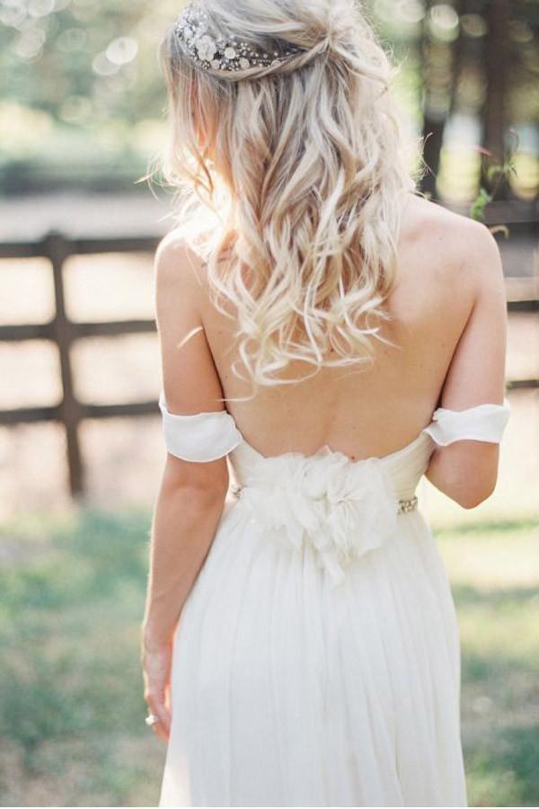 Elegant Off-shoulder Beading Sash Long Chiffon Wedding Dress WD109 - Tirdress