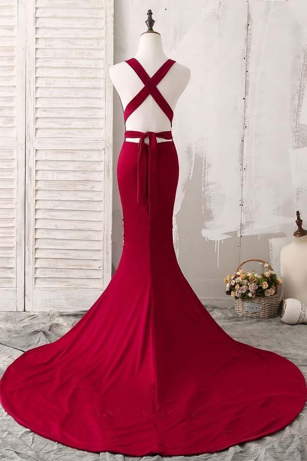 Elegant Red Mermaid Plunging V-Neck Prom Evening Dresses PG493 - Tirdress