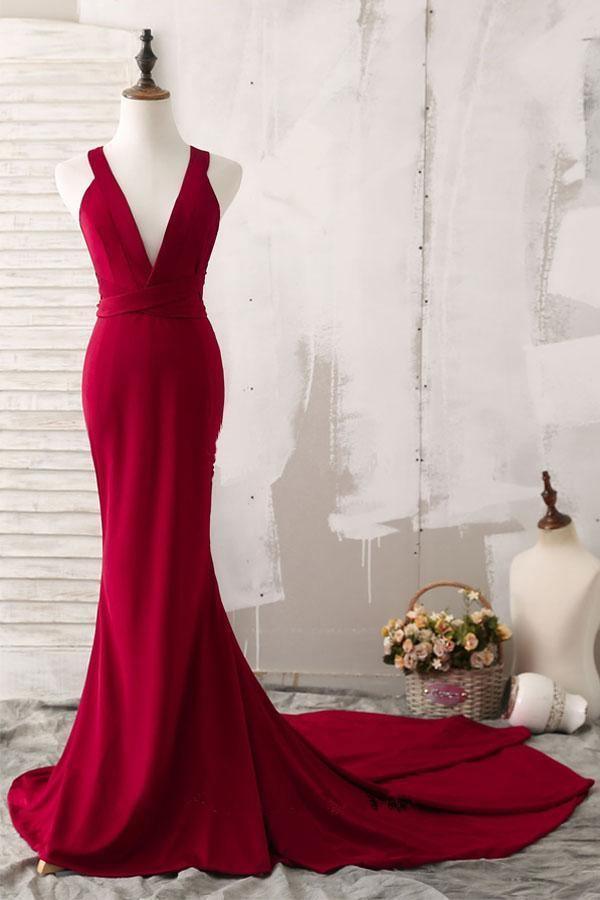 Elegant Red Mermaid Plunging V-Neck Prom Evening Dresses PG493 - Tirdress