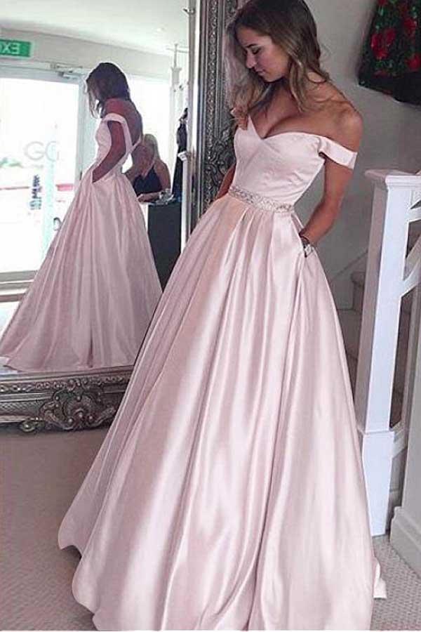 Elegant Satin Off-the-shoulder Neckline A-Line Prom Dresses With Beading PG503 - Tirdress