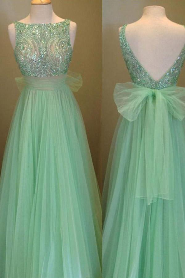 Elegant Scoop Beading A-line Tulle Green Floor-length Prom Dresses PG404 - Tirdress