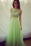 Elegant Scoop Beading A-line Tulle Green Floor-length Prom Dresses PG404