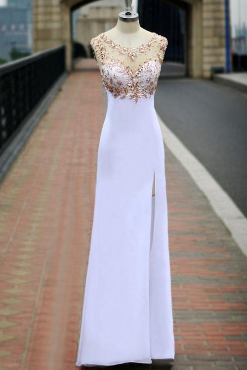 Elegant Scoop Chiffon Open Back White Long Prom Dress With Crystal As Picture / US14 Elegant Scoop Chiffon Open Back White Long Prom Dress With Crystal As Picture / US14