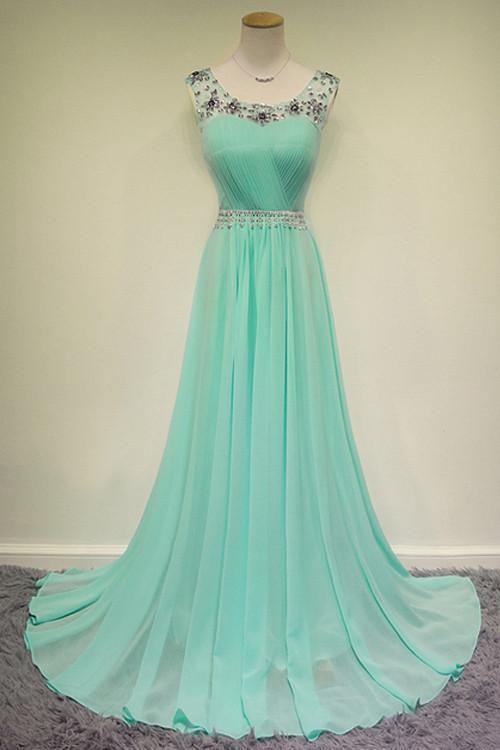 Elegant Scoop Court Train Beading Chiffon Green Long Prom Dress TP0120 - Tirdress
