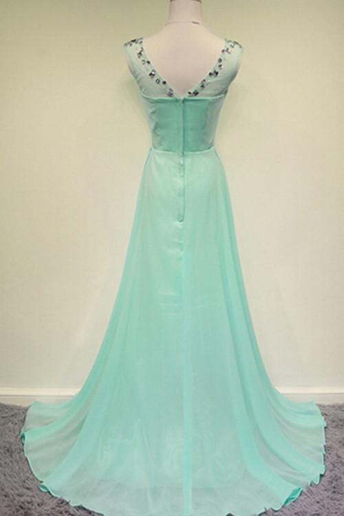 Elegant Scoop Court Train Beading Chiffon Green Long Prom Dress TP0120 - Tirdress