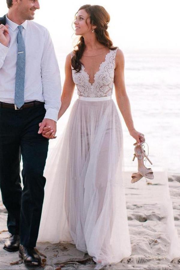 Elegant Scoop Neck Lace A Line Tulle Beach Wedding Dress WD034 - Tirdress