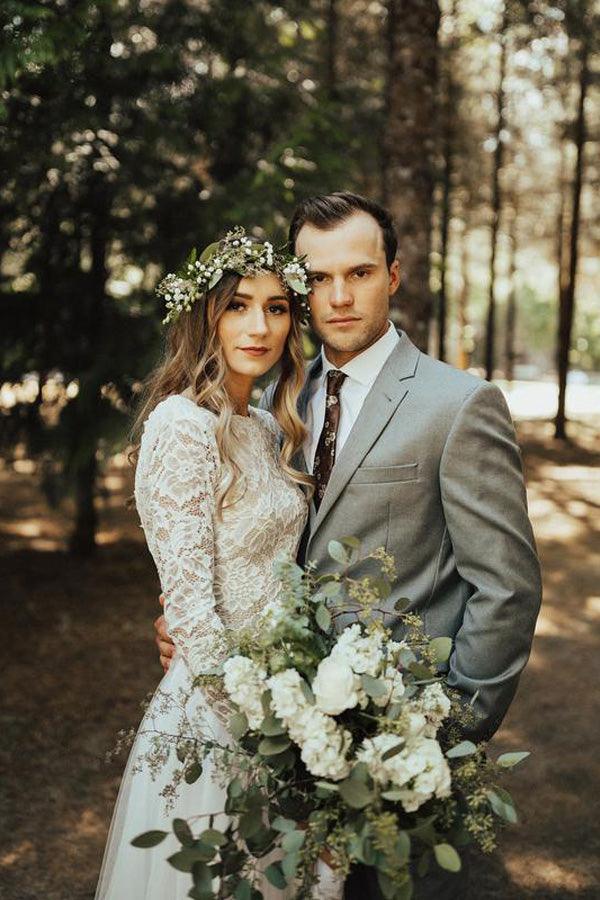 Elegant Simple Long Sleeves A line Wedding Dresses Tulle Bridal Gowns Tirdress