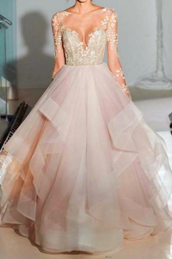 Elegant Sleeves Illusion Back Appliques Beading Tulle Wedding Dress TN0062 - Tirdress
