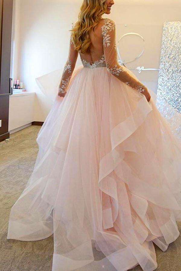 Elegant Sleeves Illusion Back Appliques Beading Tulle Wedding Dress TN0062 - Tirdress