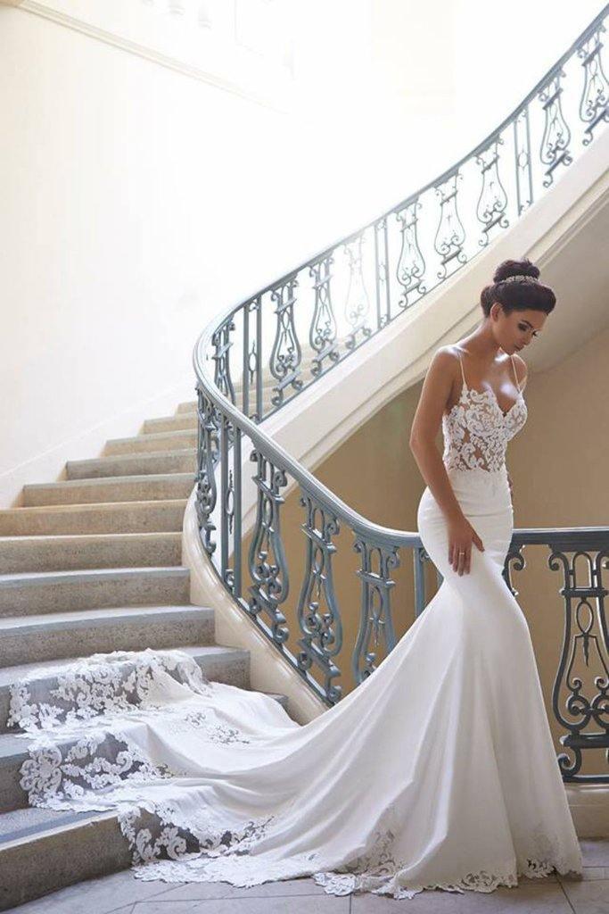 Spaghetti Straps Lace Mermaid Wedding Dress With Court Train TN176 US0 / Ivory Spaghetti Straps Lace Mermaid Wedding Dress With Court Train TN176 US0 / Ivory
