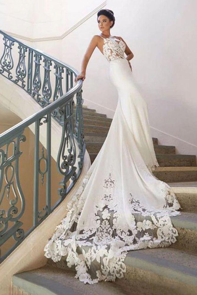 Spaghetti Straps Lace Mermaid Wedding Dress With Court Train TN176 US0 / Ivory Spaghetti Straps Lace Mermaid Wedding Dress With Court Train TN176 US0 / Ivory