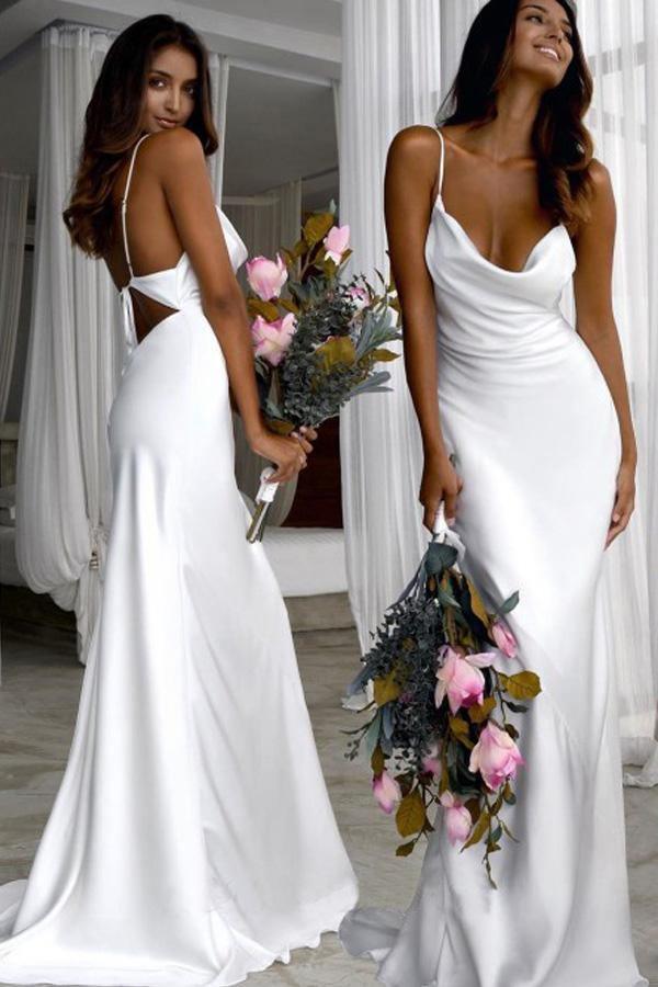 Elegant Spaghetti Straps Tight Backless Wedding Dress with Sweep Train TN226 - Tirdress